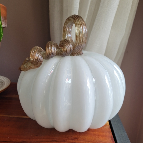Other - Hand Blown Glass Glossy Pumpkin: White , Gold Leaves Fall Decor Autumn